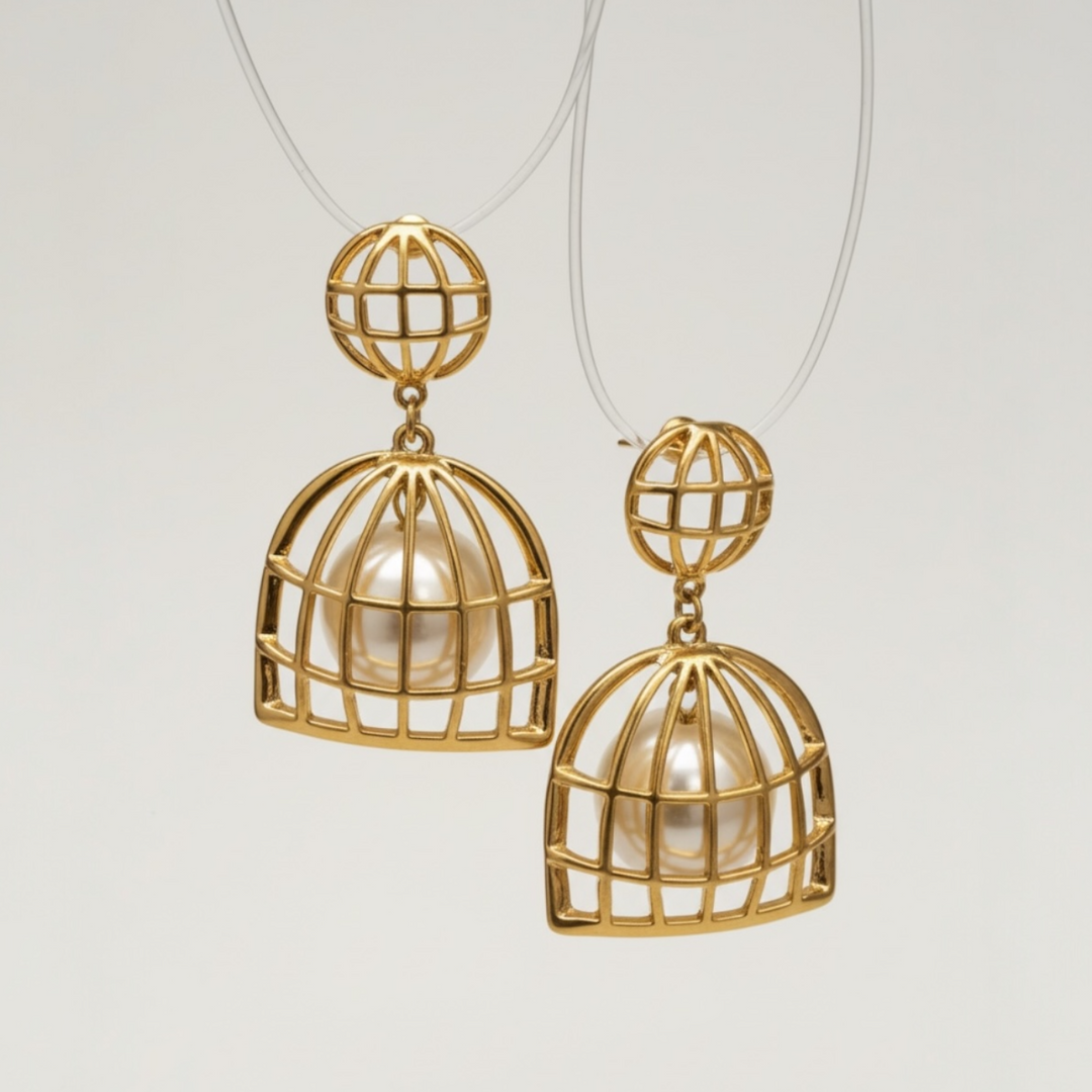 Golden Cage Pearl Earrings